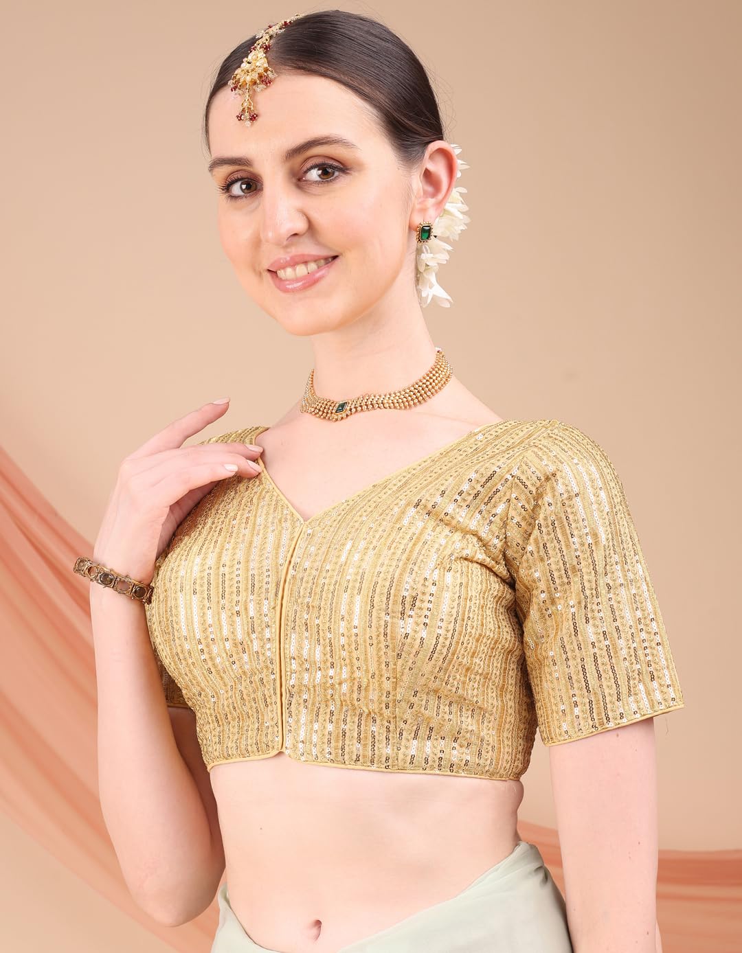 Pujia Mills Women's Indian Ethnic Wear Designer Silver Sequence with Matching Embroidered Work Deep V Neck Half Sleeve Readymade Padded Saree Blouse Readymade Unique Color Saree Blouse