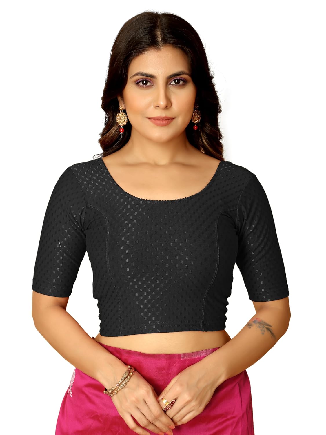 Stretchable Elbow Half Sleeve Blouse in Black