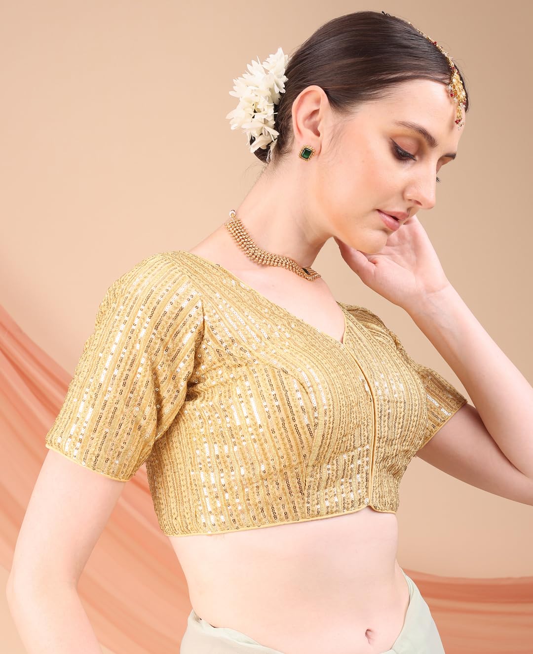 Pujia Mills Women's Indian Ethnic Wear Designer Silver Sequence with Matching Embroidered Work Deep V Neck Half Sleeve Readymade Padded Saree Blouse Readymade Unique Color Saree Blouse