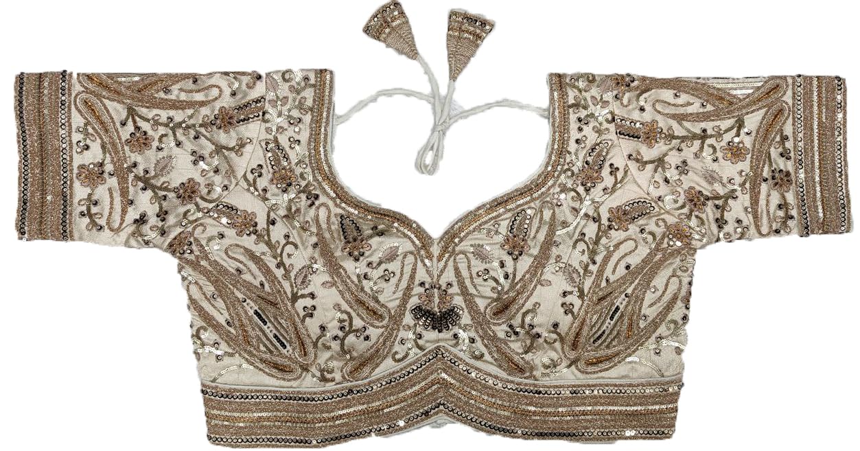 Pujia Mills Women's Readymade Bridal Blouse Embroidery Copper Coding Glitter Sequence Thread Work Indian Ethnic Designer Stitched Half Sleeve Blouse Readymade for Women Saree Bridal Lehenga Choli