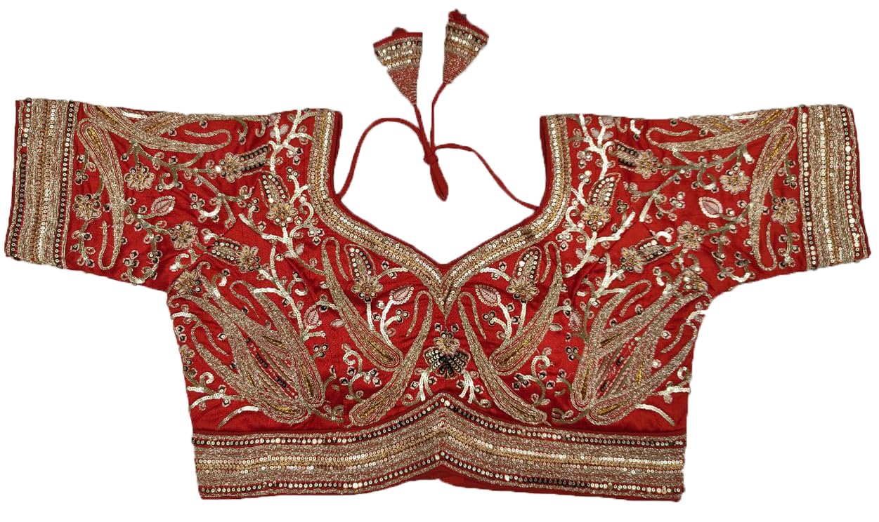 Pujia Mills Women's Readymade Bridal Blouse Embroidery Copper Coding Glitter Sequence Thread Work Indian Ethnic Designer Stitched Half Sleeve Blouse Readymade for Women Saree Bridal Lehenga Choli