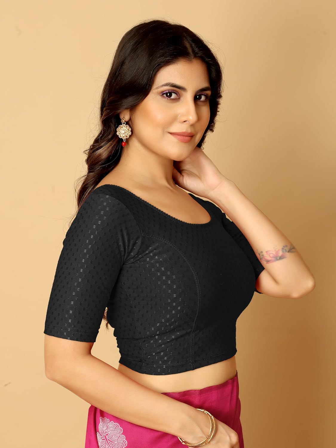 Stretchable Elbow Half Sleeve Blouse in Black