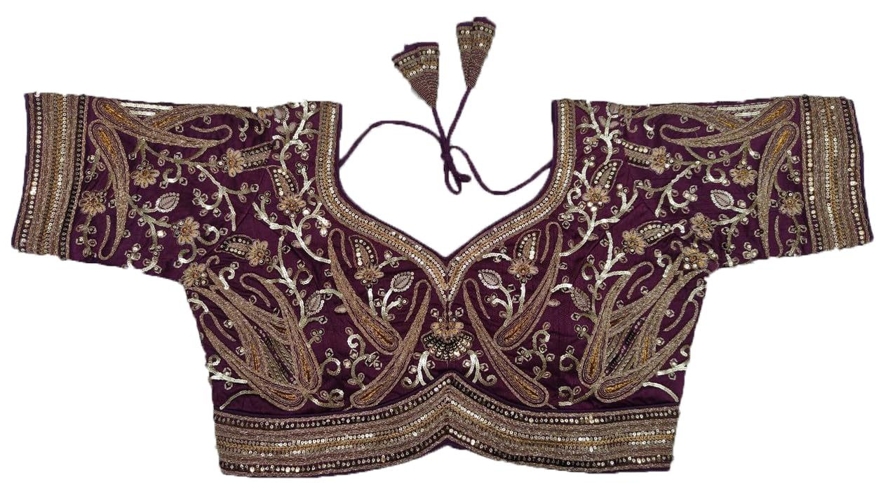 Pujia Mills Women's Readymade Bridal Blouse Embroidery Copper Coding Glitter Sequence Thread Work Indian Ethnic Designer Stitched Half Sleeve Blouse Readymade for Women Saree Bridal Lehenga Choli