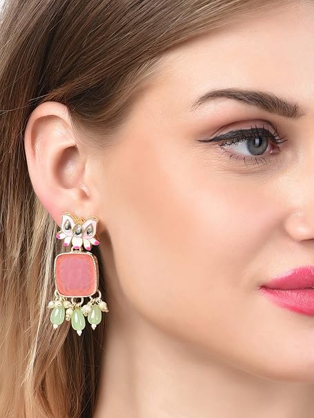Blush Lotus Pearl & Green Teardrop Earrings