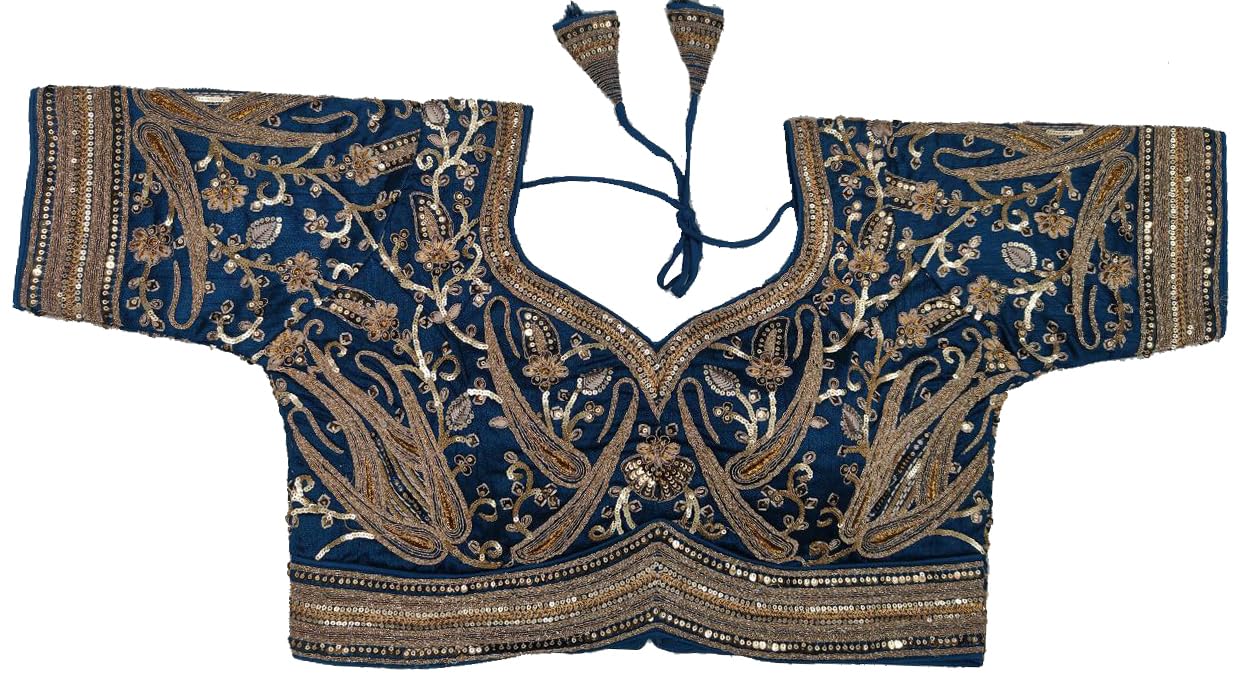 Pujia Mills Women's Readymade Bridal Blouse Embroidery Copper Coding Glitter Sequence Thread Work Indian Ethnic Designer Stitched Half Sleeve Blouse Readymade for Women Saree Bridal Lehenga Choli