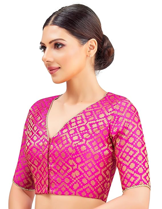Women's Readymade Brocade Elbow Length Sleeves Saree Blouse Pink V neck