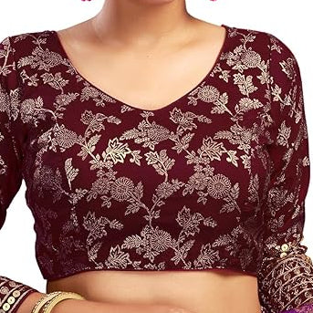Burgundy Sequin Embroidered Padded Blouse with 3/4 Sleeves