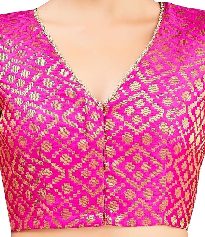 Women's Readymade Brocade Elbow Length Sleeves Saree Blouse Pink V neck