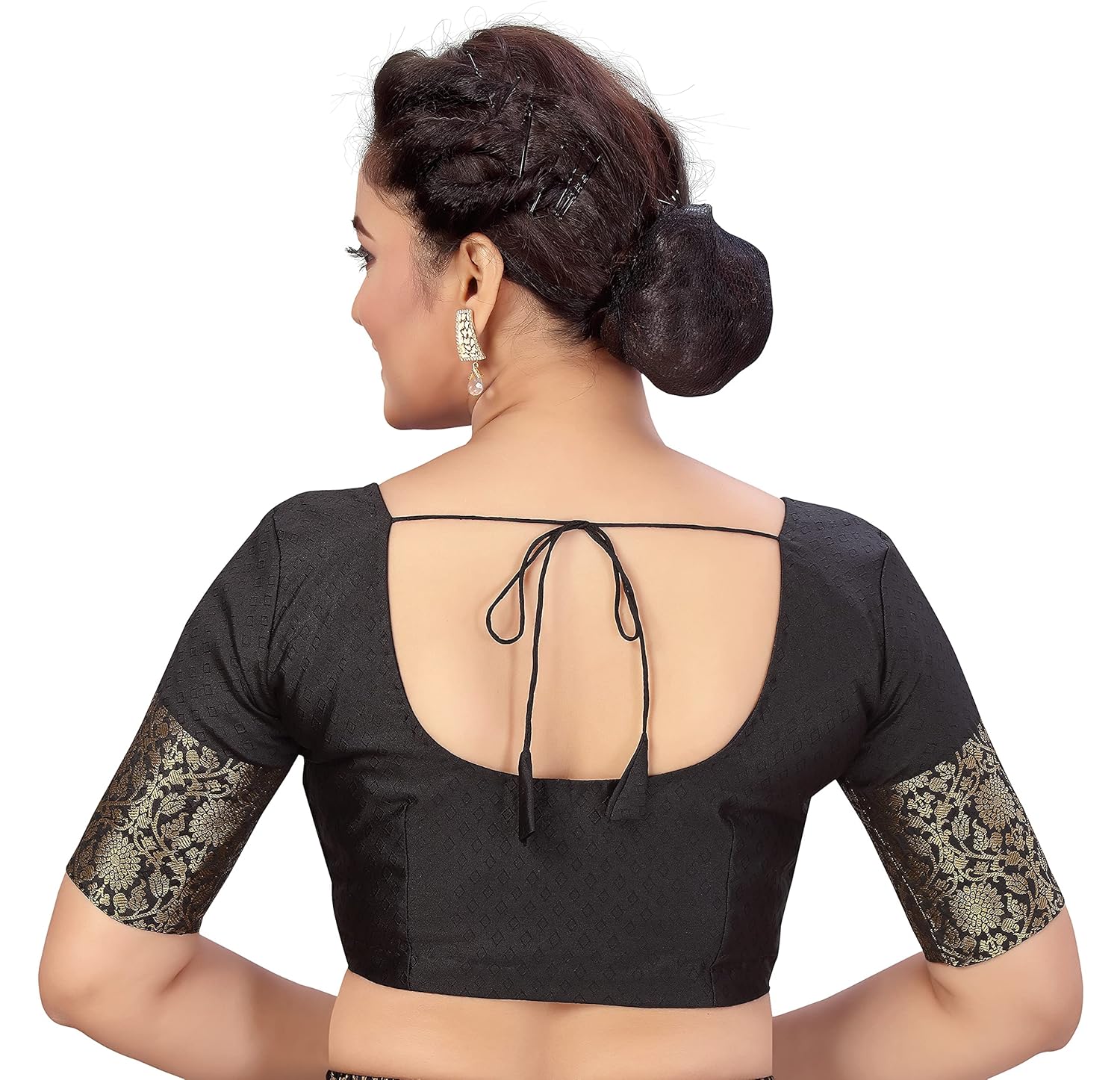 Studio Shringaar Women's Brocade Elbow Length Sleeves Golden Kanjivaram Border Saree Blouse.