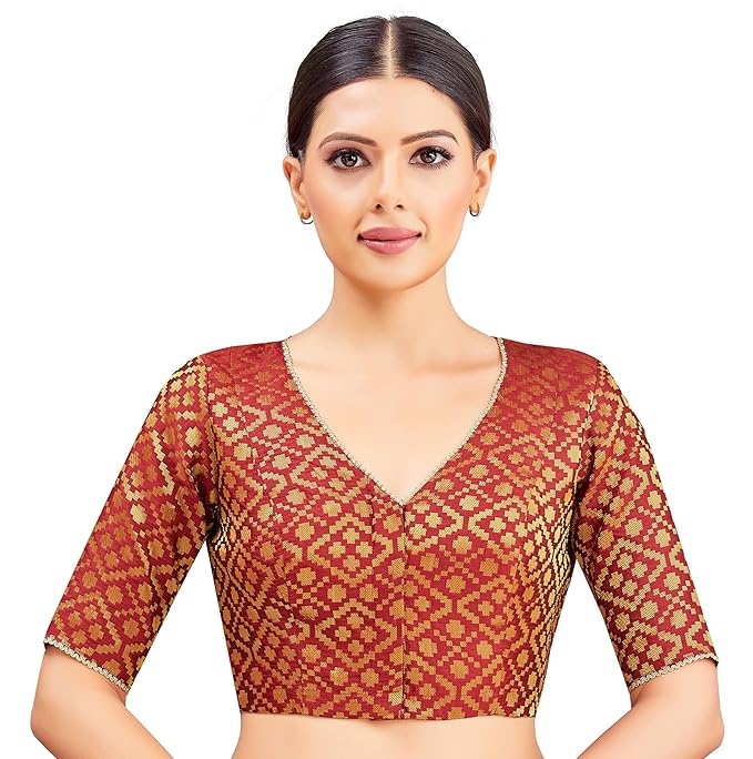 Women's Readymade Brocade Elbow Length Sleeves Saree Blouse Maroon V neck