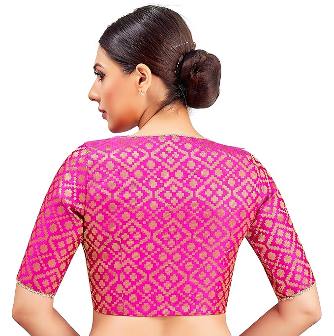 Women's Readymade Brocade Elbow Length Sleeves Saree Blouse Pink V neck
