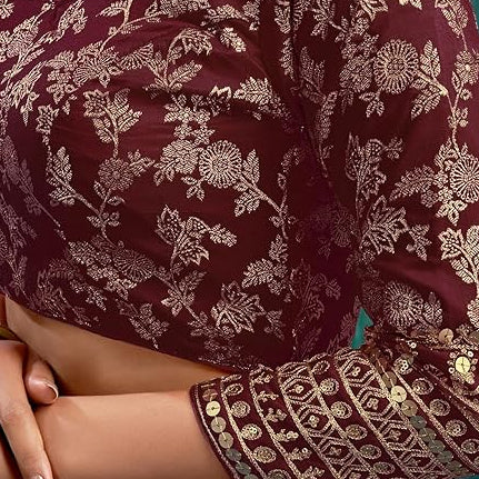 Burgundy Sequin Embroidered Padded Blouse with 3/4 Sleeves