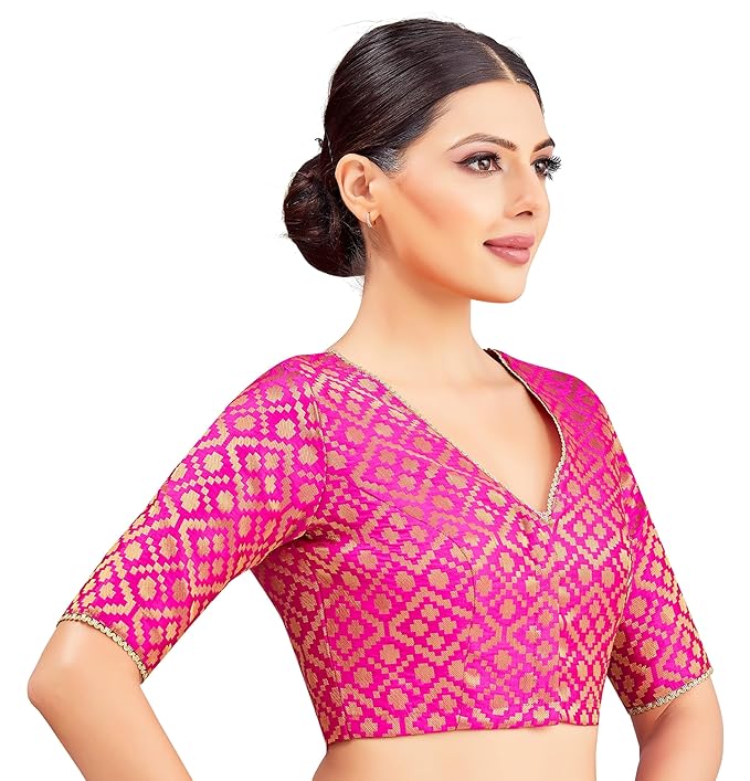 Women's Readymade Brocade Elbow Length Sleeves Saree Blouse Pink V neck