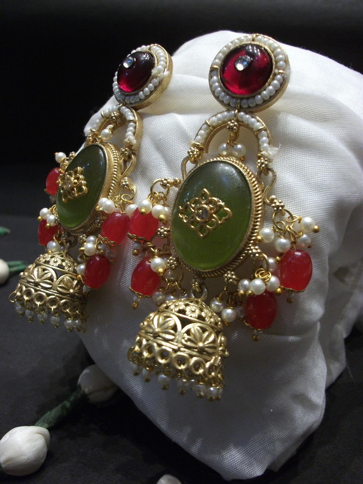 Ruby & Emerald Pearl Jhumka Earrings