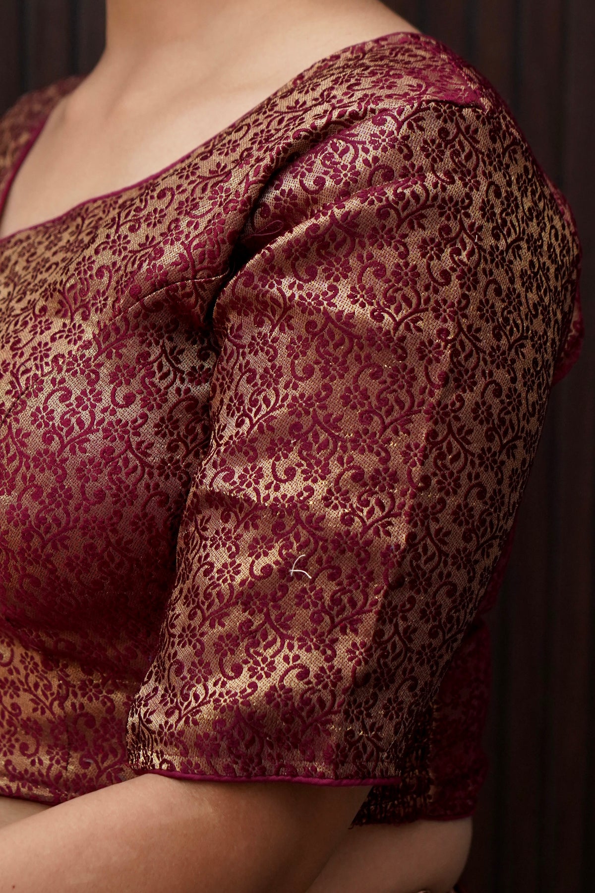Mini Floral Pattern Stretchable Blouse - Wine Brown
