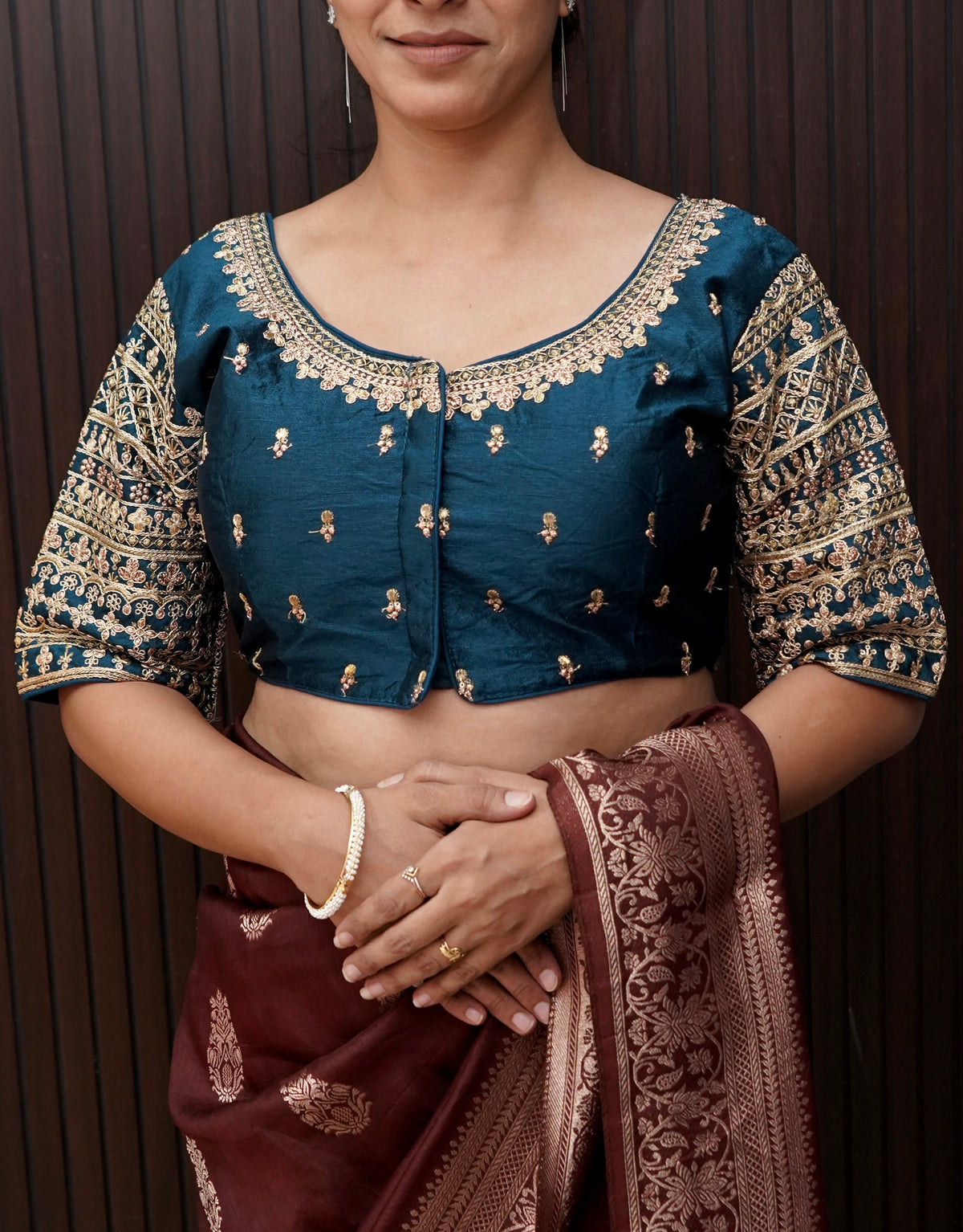 Navy Blue Blouse with Heavy Embroidery Sleeve Work