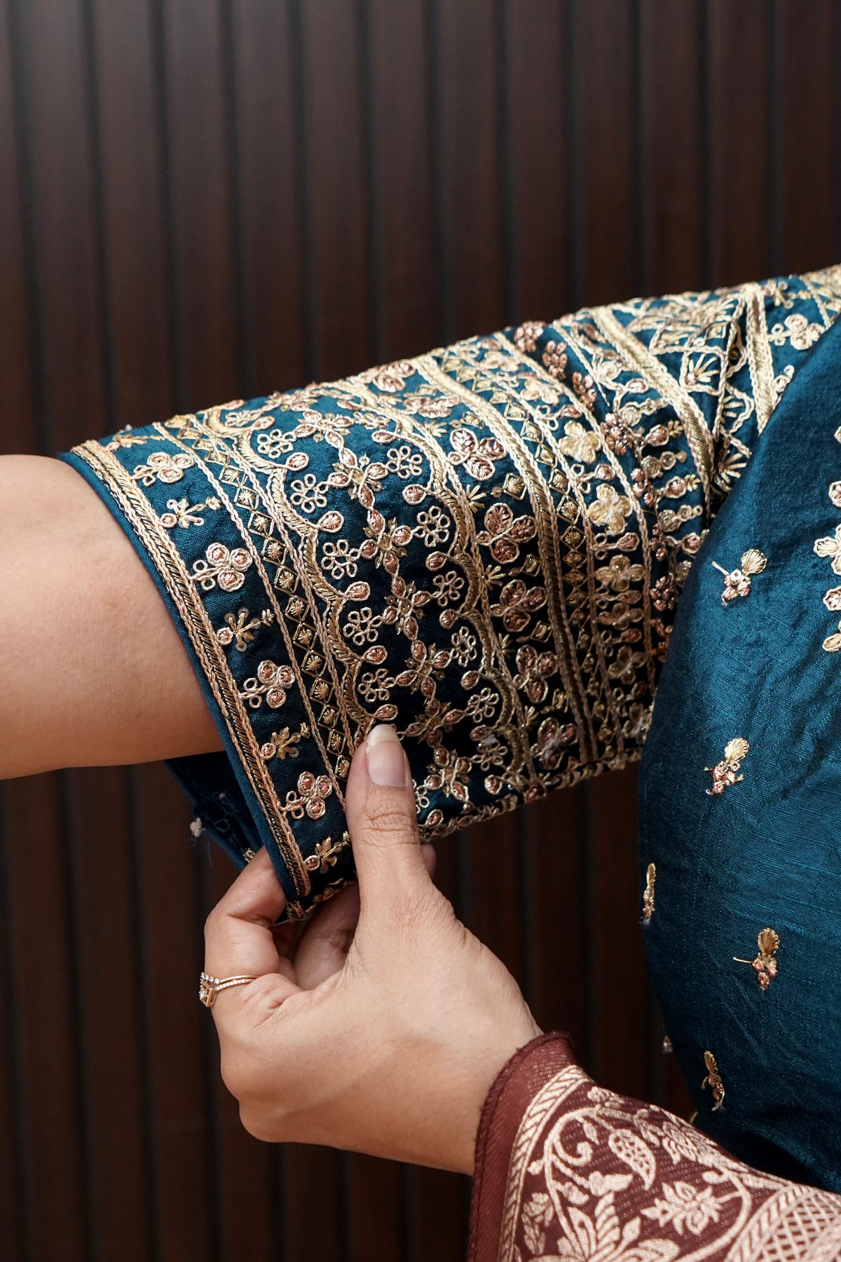 Navy Blue Blouse with Heavy Embroidery Sleeve Work