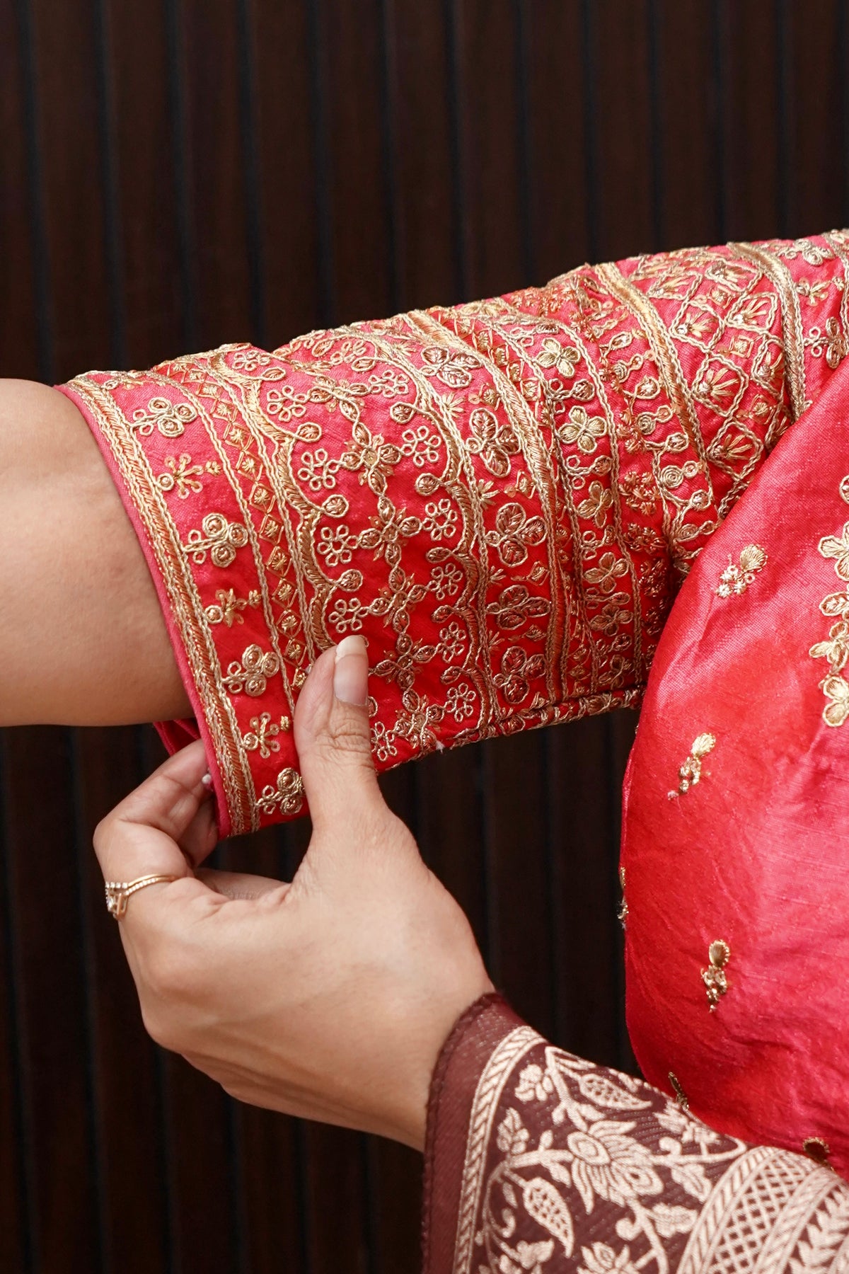 Coral Red Blouse with Heavy Embroidery Sleeve Work