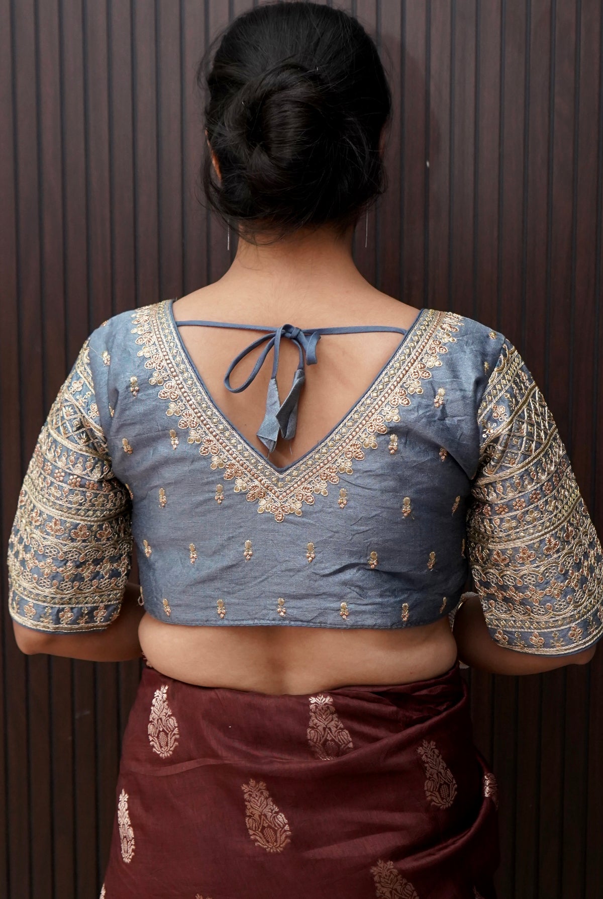 Dusty Blue Blouse with Heavy Embroidery Sleeve Work