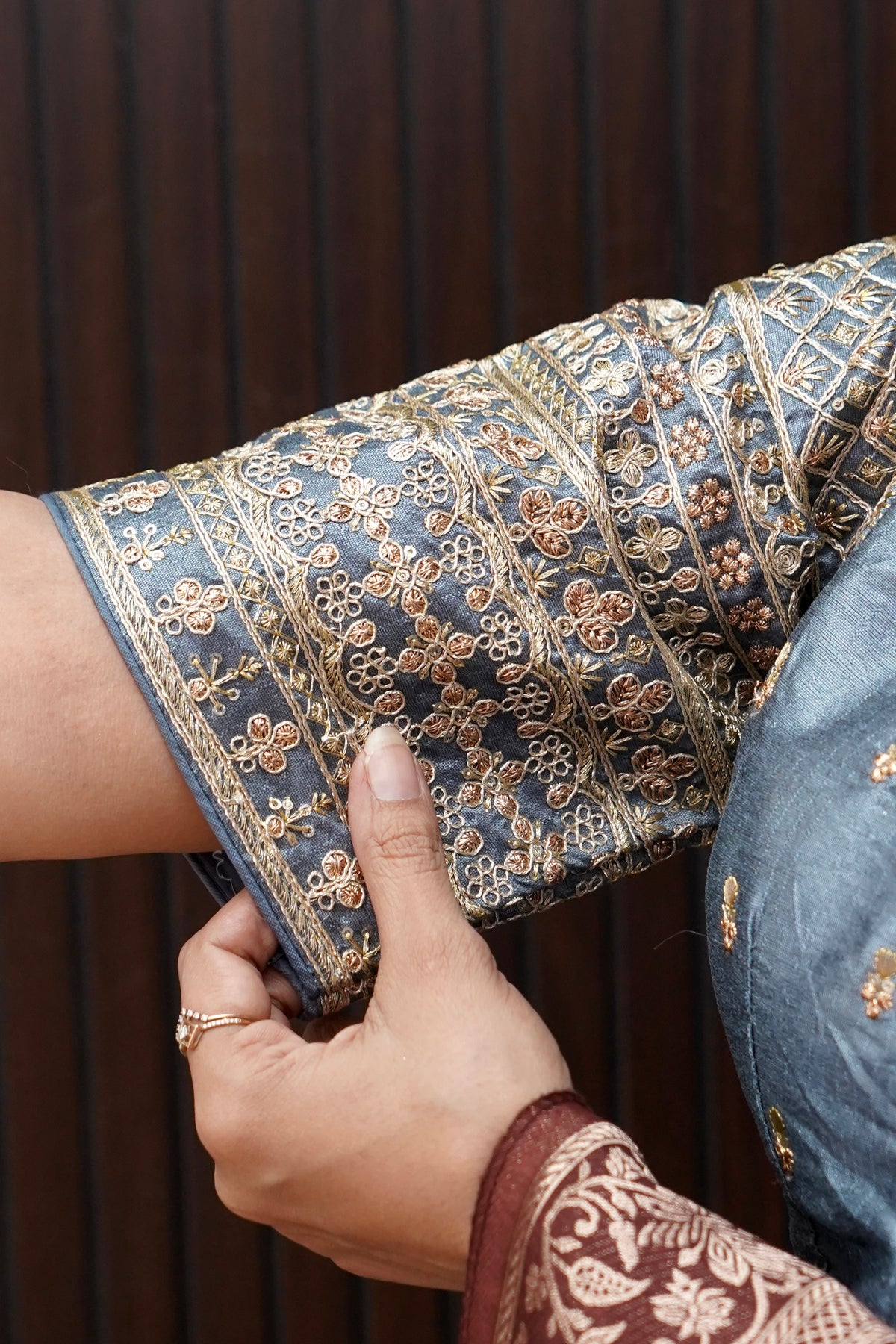 Dusty Blue Blouse with Heavy Embroidery Sleeve Work