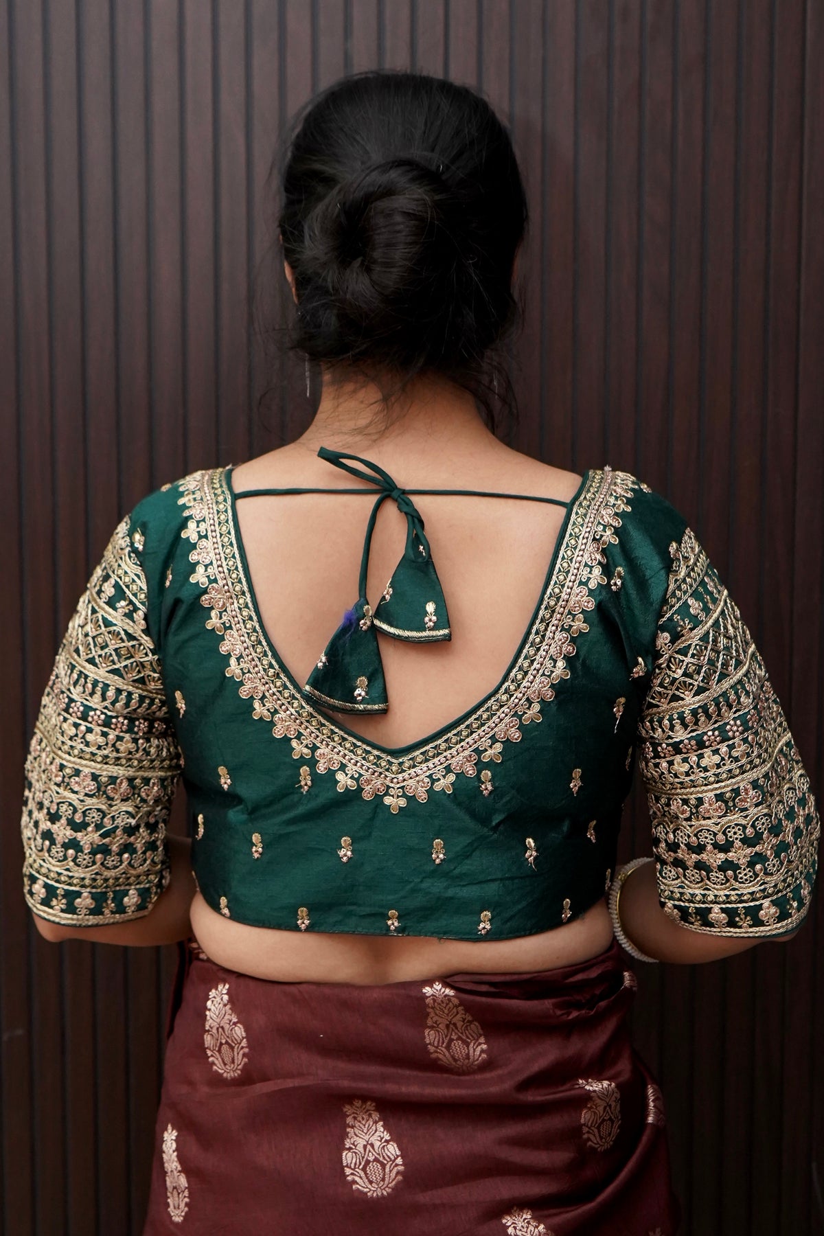 Deep Green Blouse with Heavy Embroidery Sleeve Work