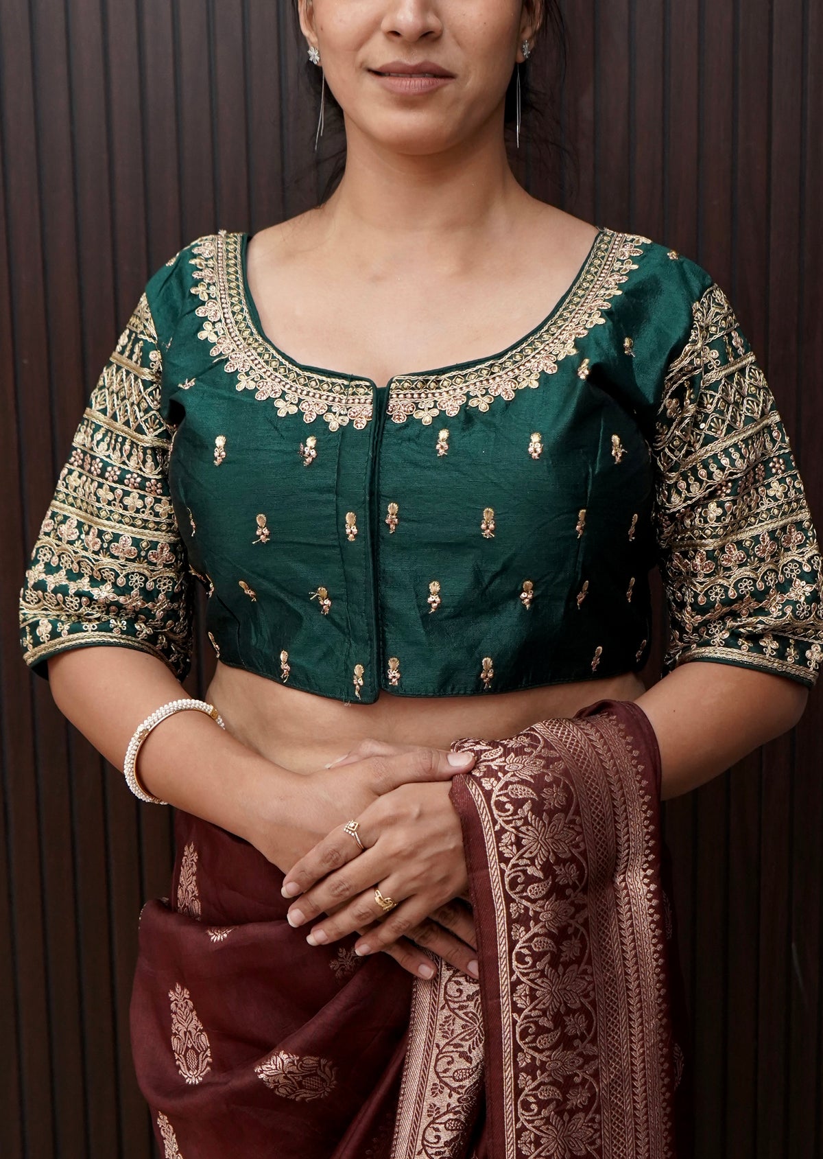 Deep Green Blouse with Heavy Embroidery Sleeve Work