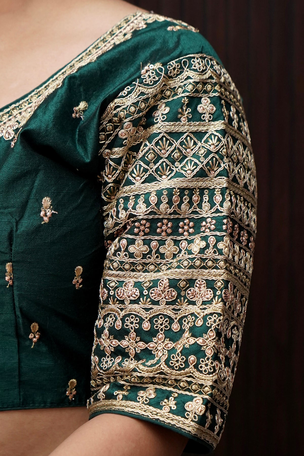 Deep Green Blouse with Heavy Embroidery Sleeve Work