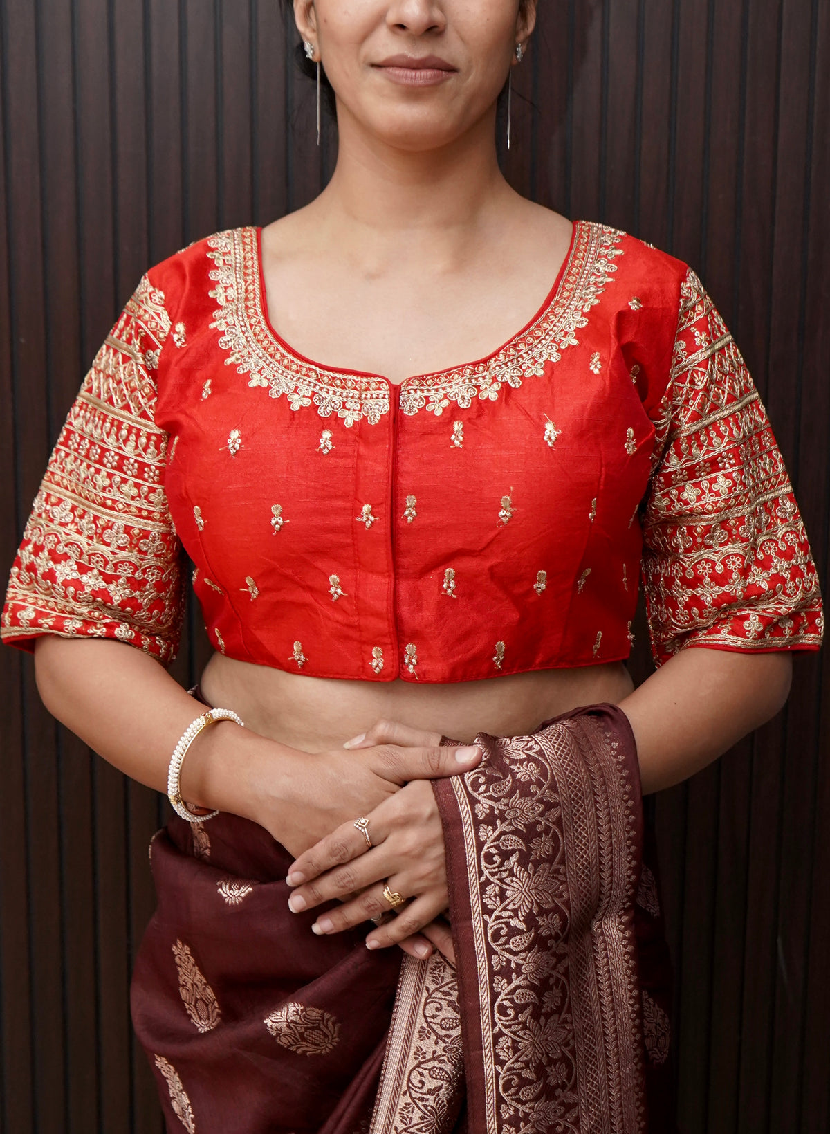 Bright Red Blouse with Heavy Embroidery Sleeve Work