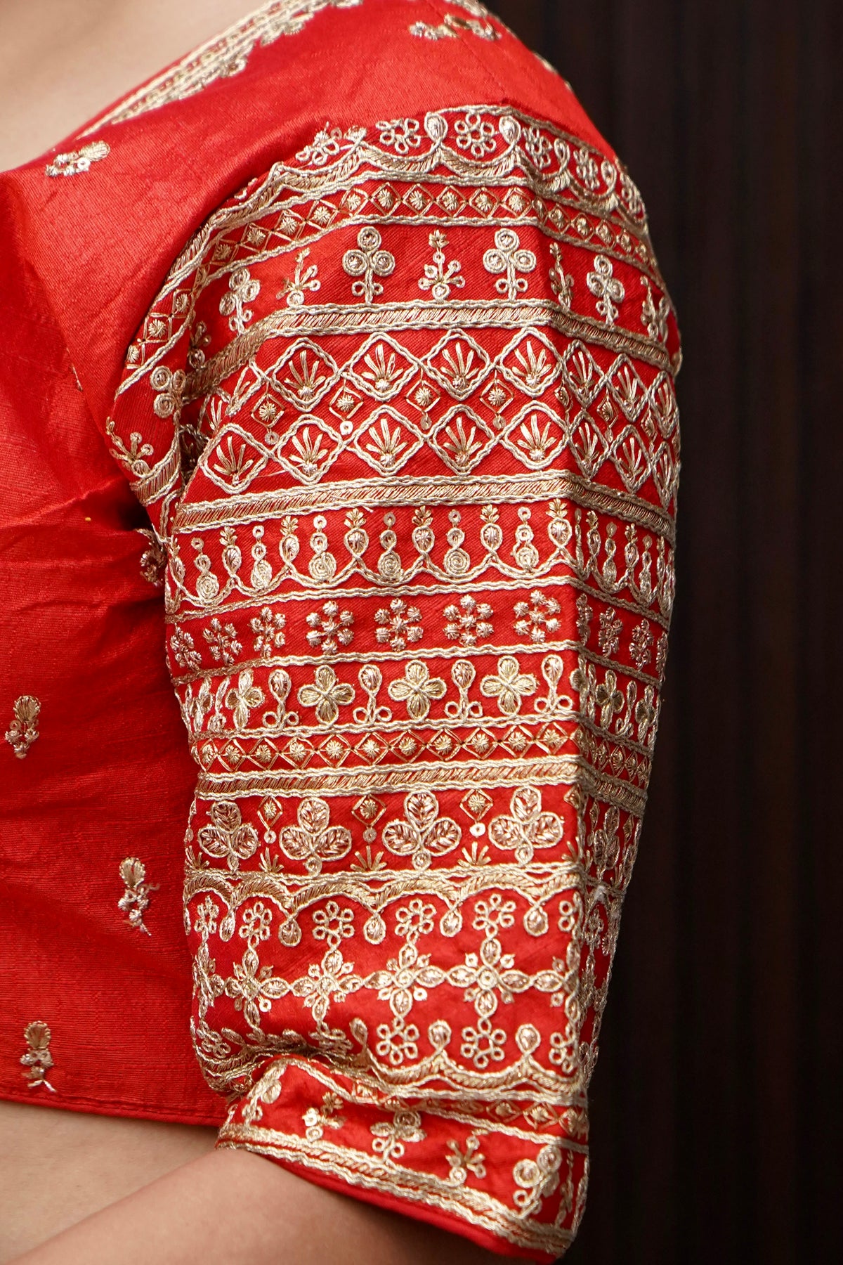 Bright Red Blouse with Heavy Embroidery Sleeve Work