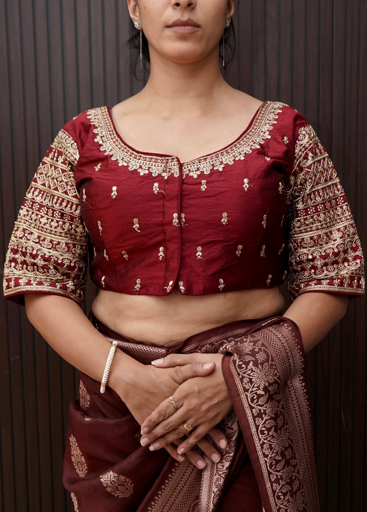 Wine Maroon Blouse with Heavy Embroidery Sleeve Work