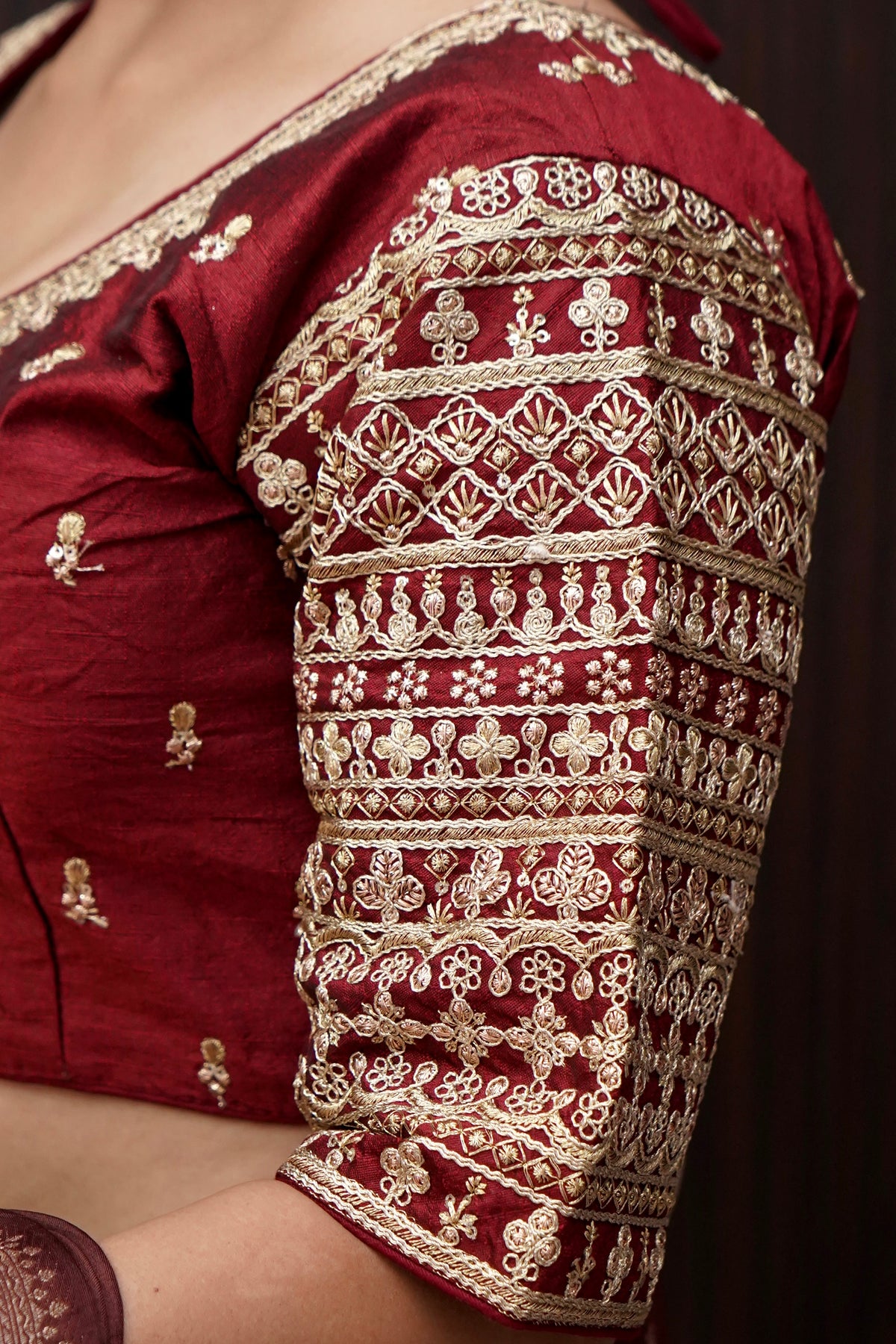 Wine Maroon Blouse with Heavy Embroidery Sleeve Work