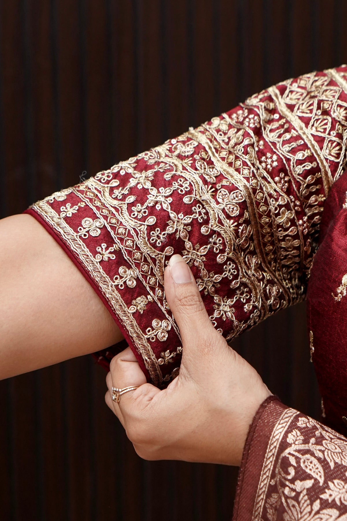 Wine Maroon Blouse with Heavy Embroidery Sleeve Work