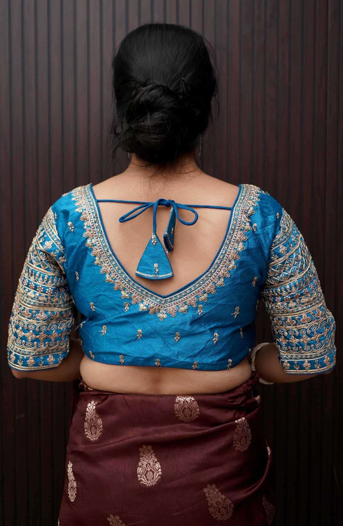 Bright Turquoise Blue Blouse with Heavy Embroidery Sleeve Work