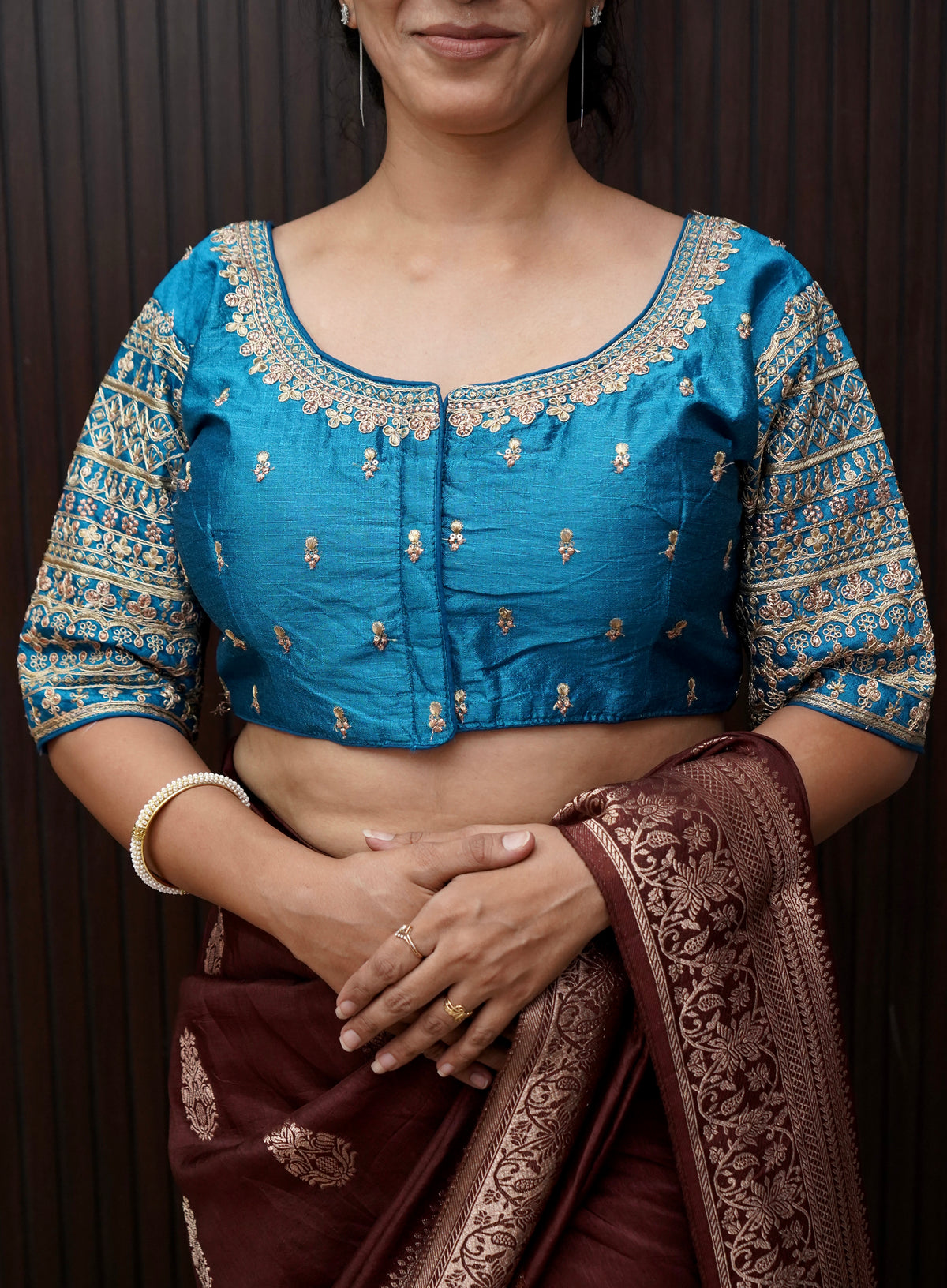 Bright Turquoise Blue Blouse with Heavy Embroidery Sleeve Work