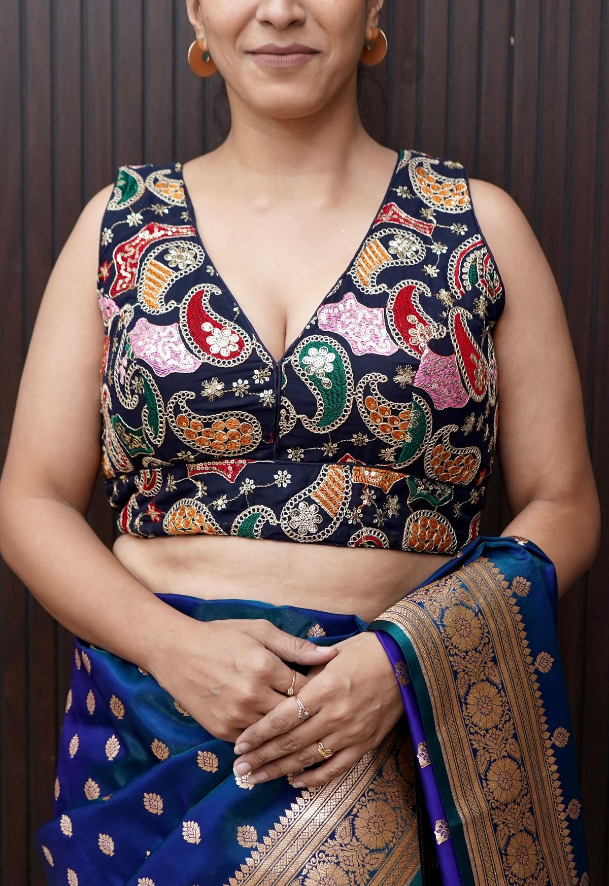 Navy Blue Heavy Embroidery Work Sleevless Blouse