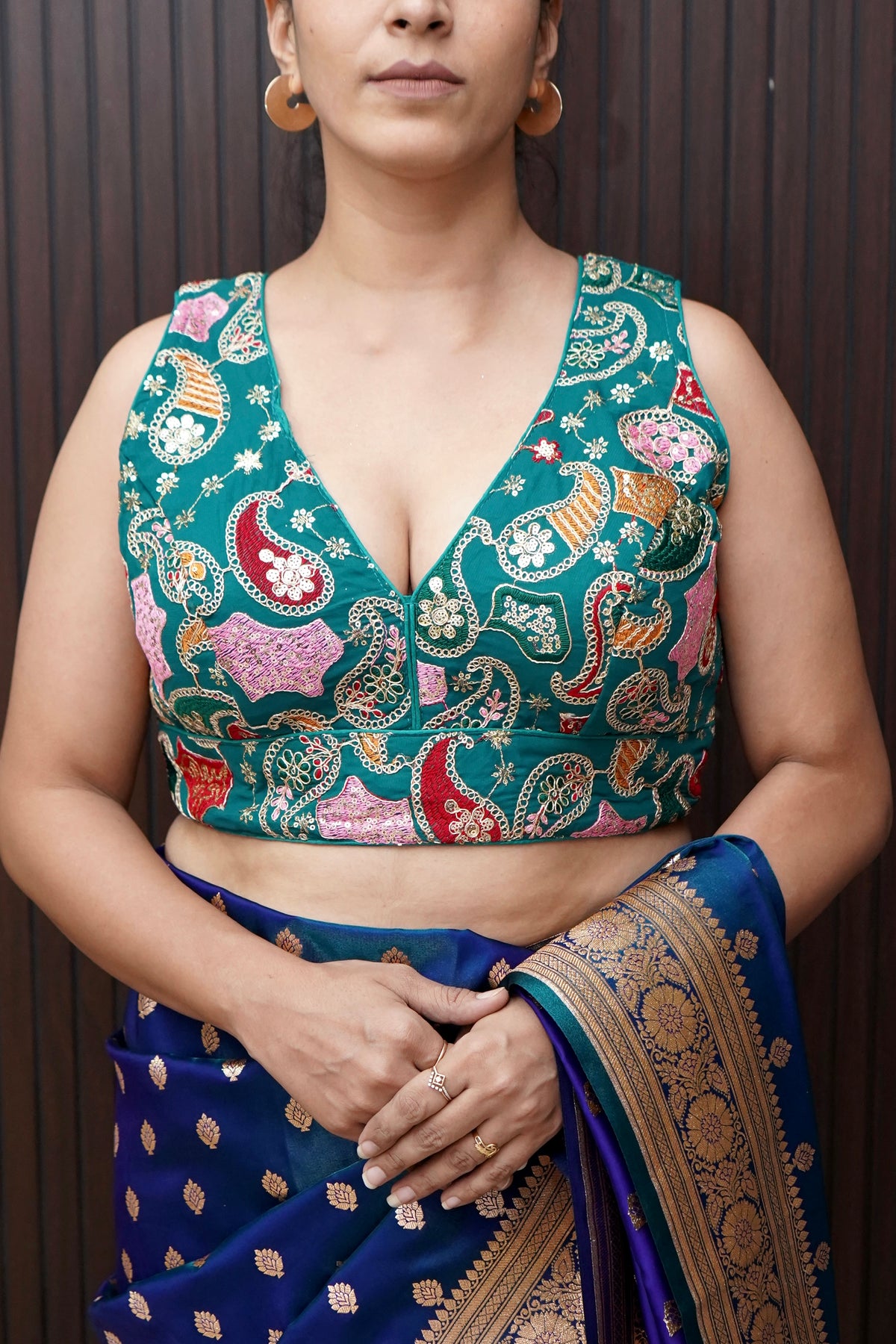 Teal Heavy Embroidery Work Sleevless Blouse