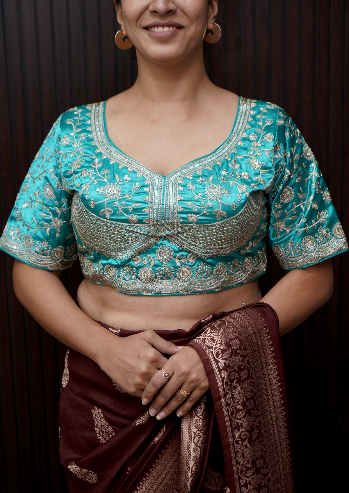 Heavy Embroidery Work Elbow Sleeves Blouse in Sky Blue