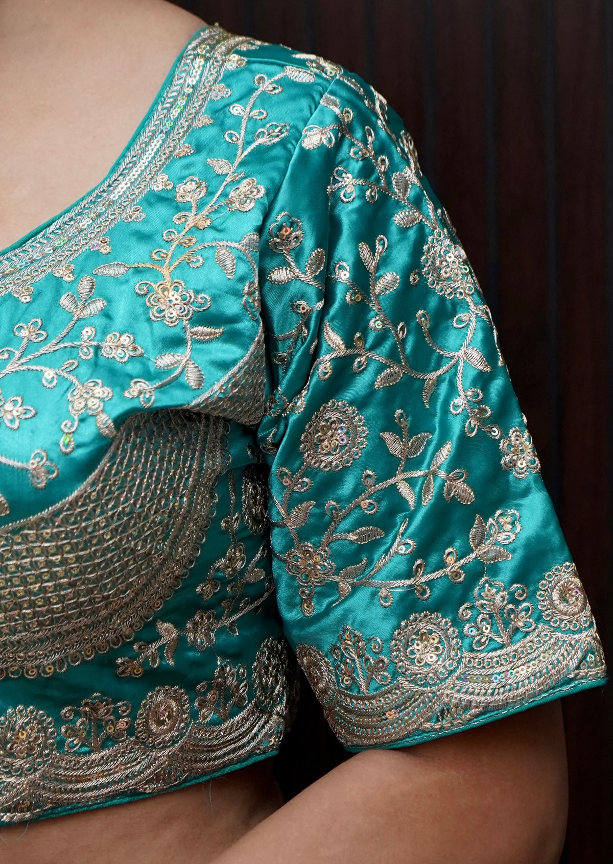 Heavy Embroidery Work Elbow Sleeves Blouse in Sky Blue