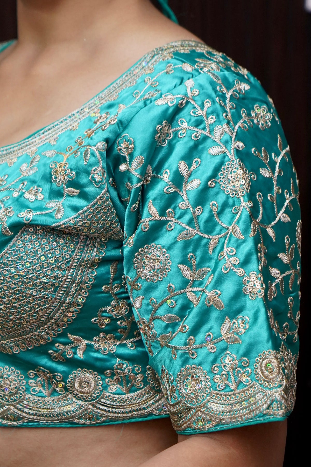 Heavy Embroidery Work Elbow Sleeves Blouse in Sky Blue