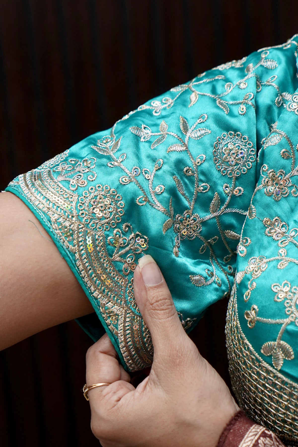Heavy Embroidery Work Elbow Sleeves Blouse in Sky Blue