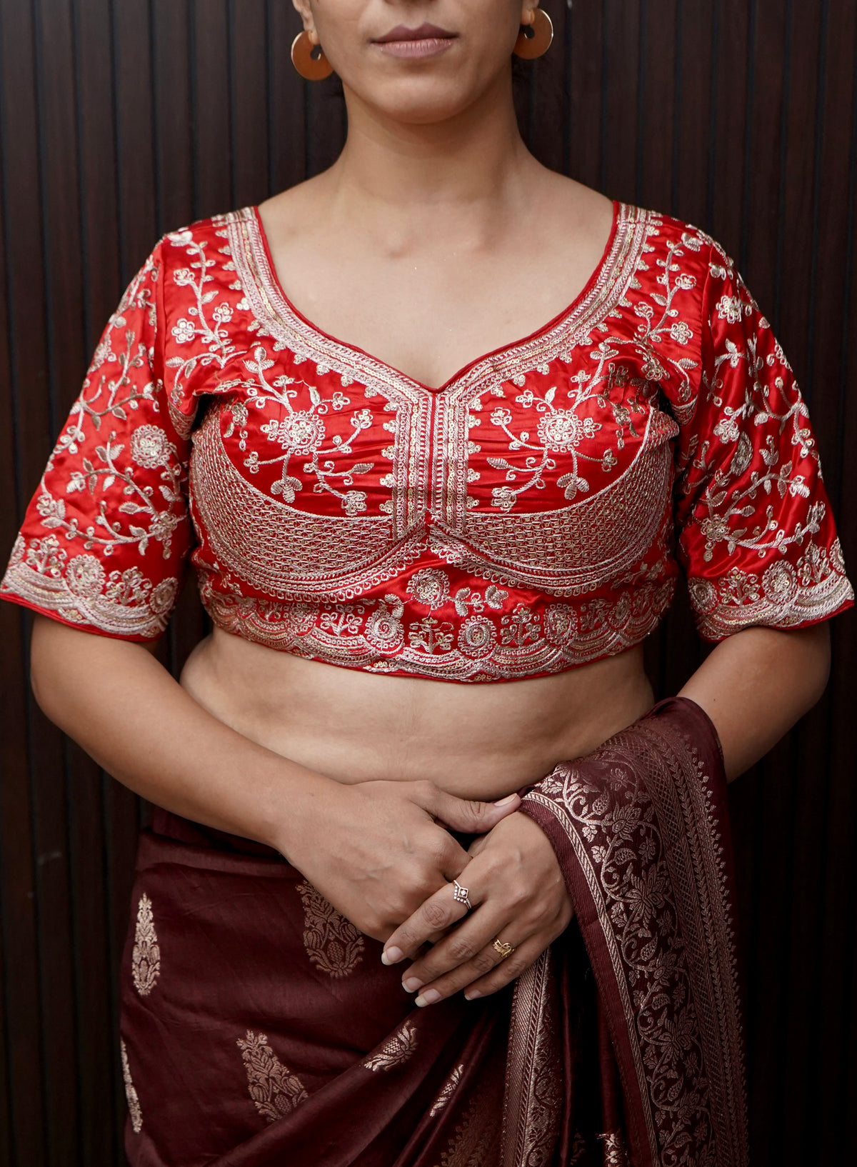 Heavy Embroidery Work Elbow Sleeves Blouse in Red