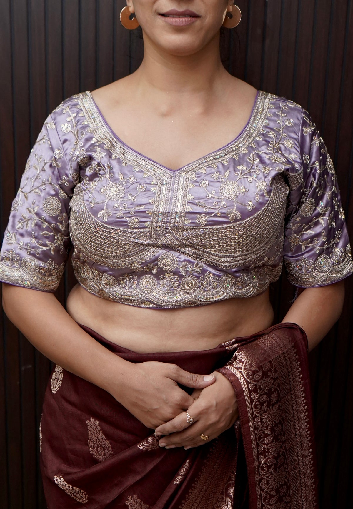 Heavy Embroidery Work Elbow Sleeves Blouse in Lavender