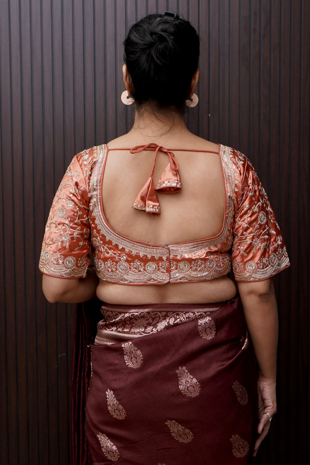 Heavy Embroidery Work Elbow Sleeves Blouse in Peach