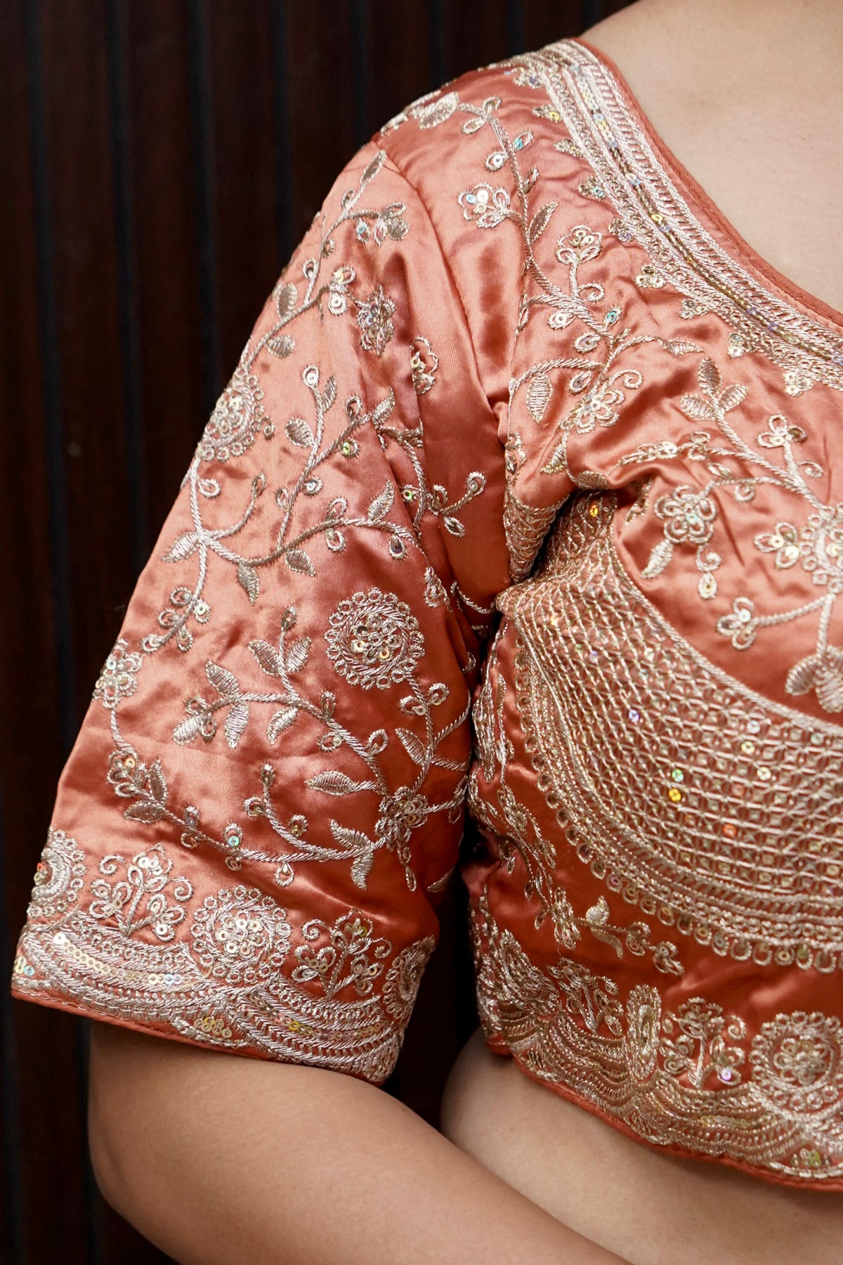 Heavy Embroidery Work Elbow Sleeves Blouse in Peach