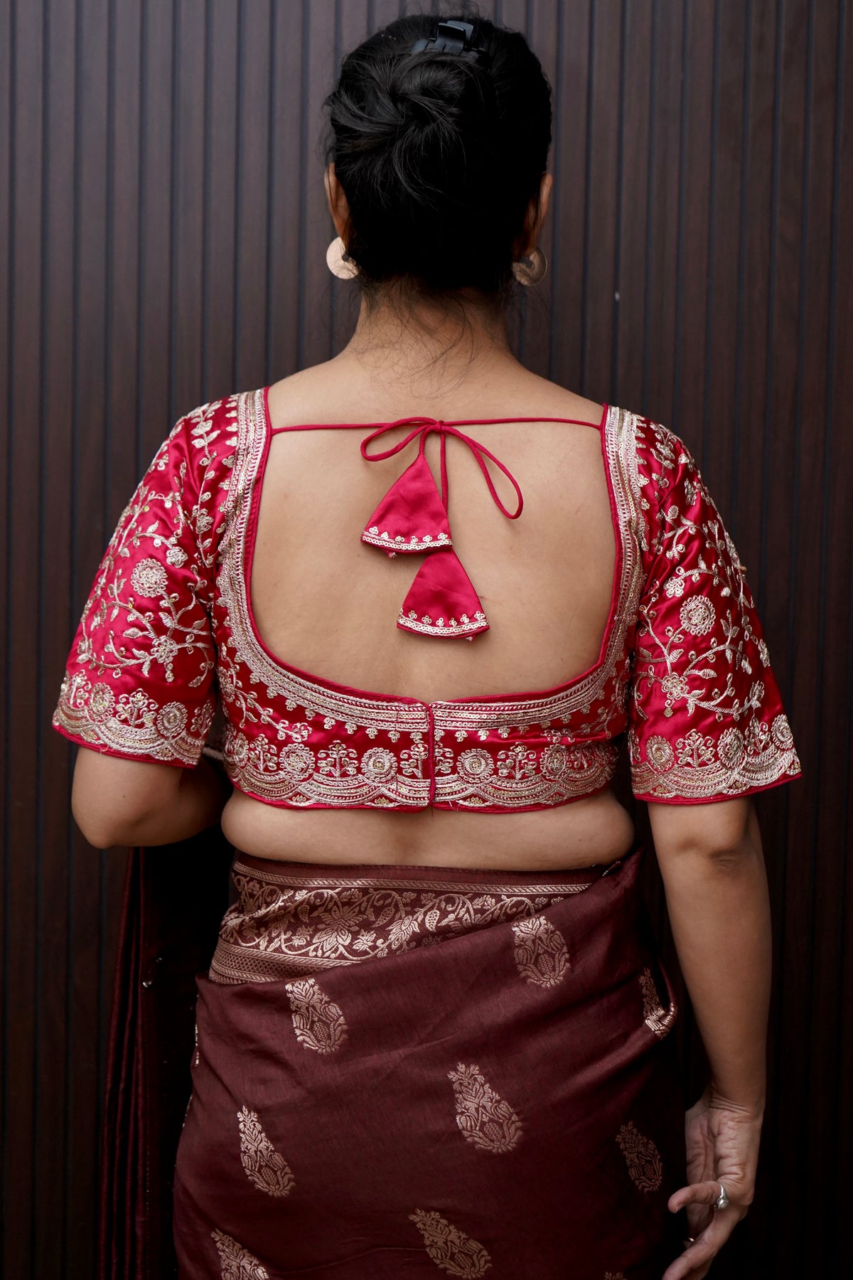 Heavy Embroidery Work Elbow Sleeves Blouse in Rani Pink