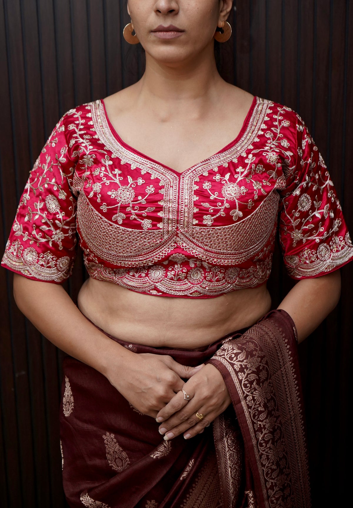 Heavy Embroidery Work Elbow Sleeves Blouse in Rani Pink