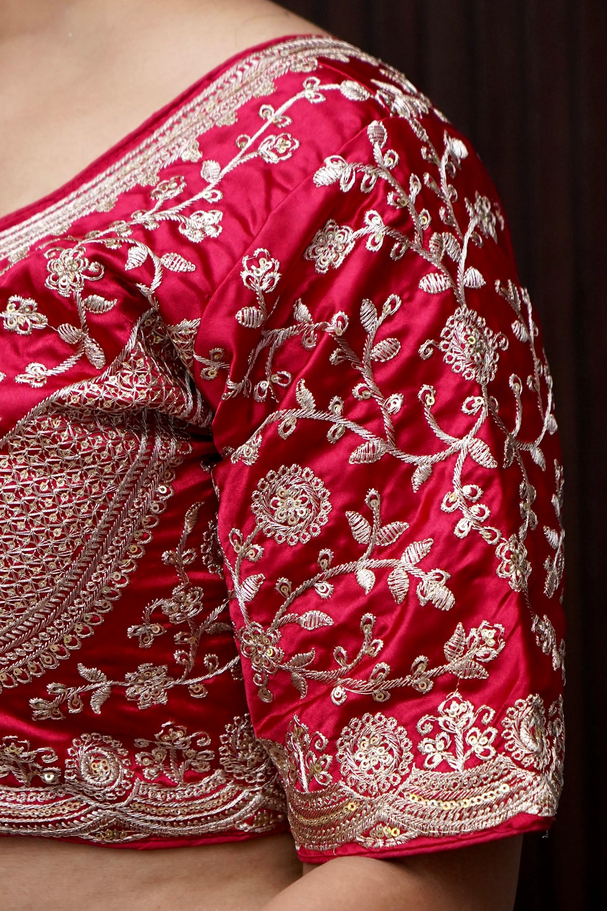Heavy Embroidery Work Elbow Sleeves Blouse in Rani Pink