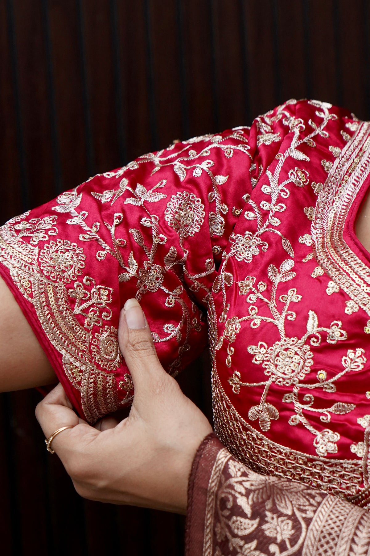 Heavy Embroidery Work Elbow Sleeves Blouse in Rani Pink