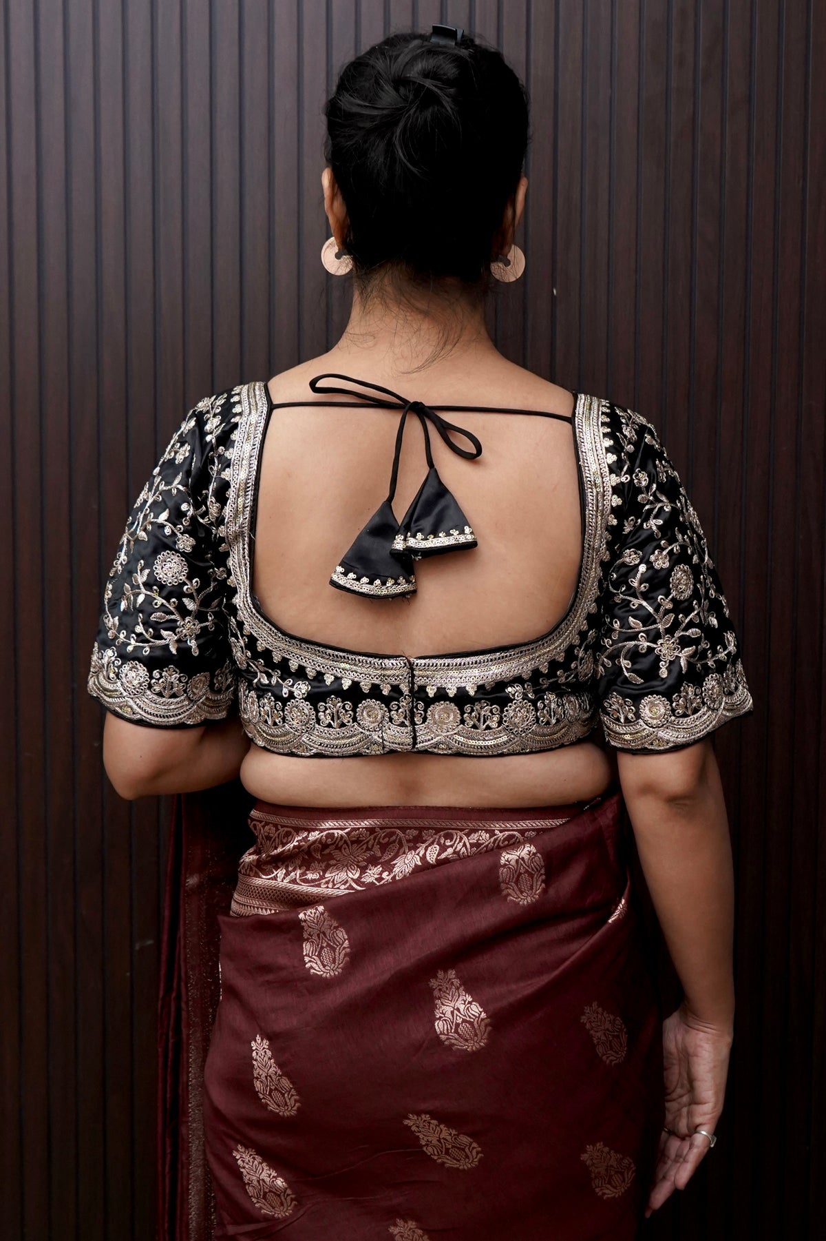 Heavy Embroidery Work Elbow Sleeves Blouse in Black