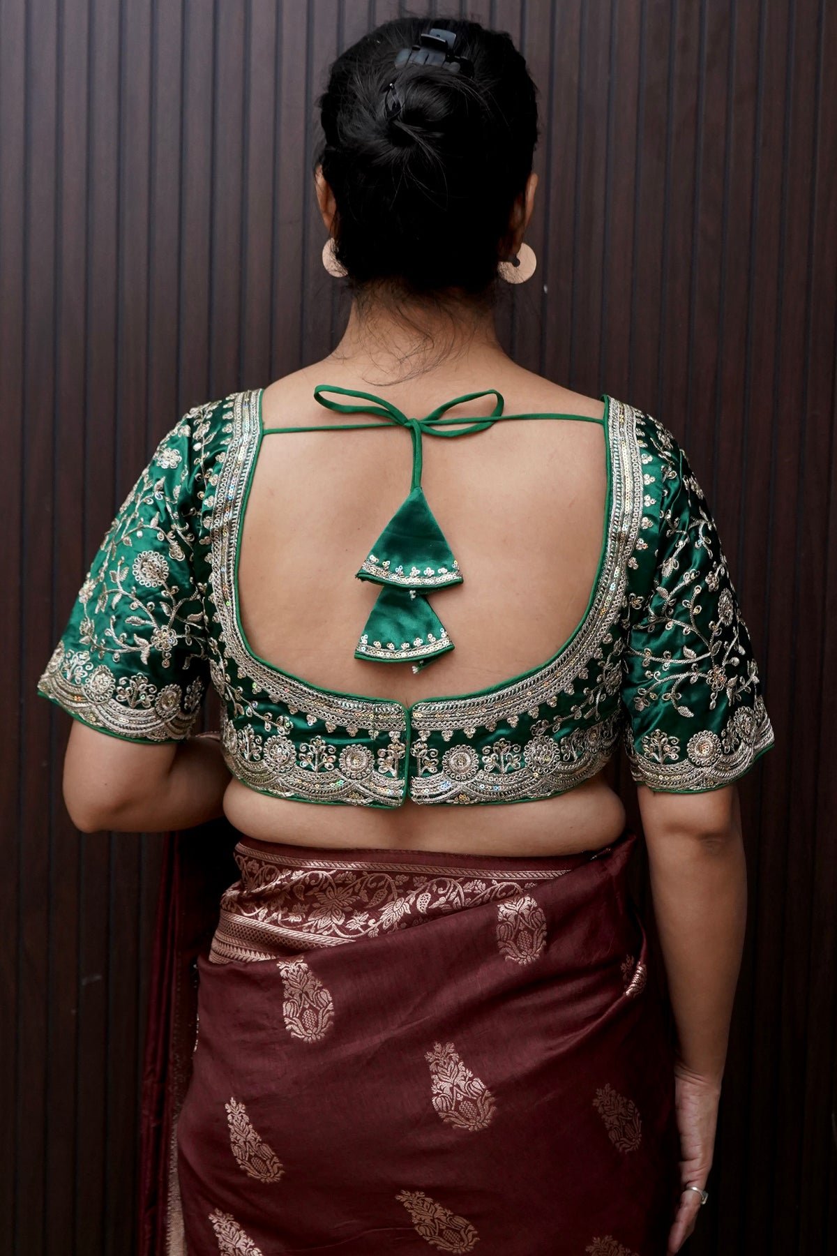 Heavy Embroidery Work Elbow Sleeves Blouse in Bottle Green